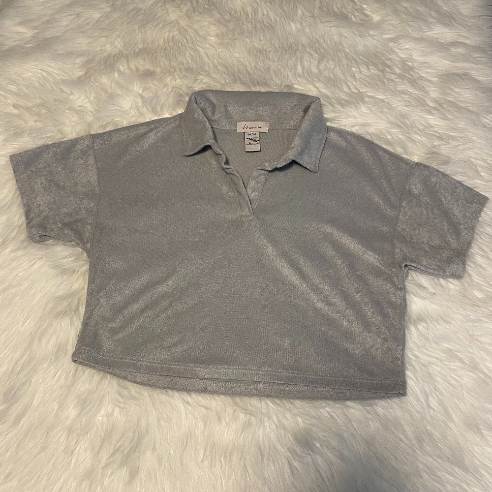 Light Blue Collared Terry Cloth Cropped Short Sleeve Top